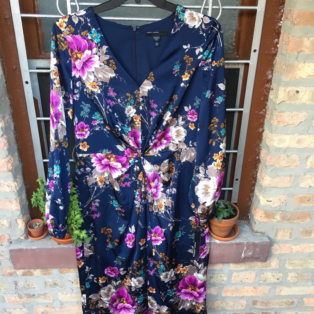 NWT Maggy London silky floral draped dress navy 14